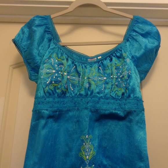 BOHO BEAUTIFUL BLUE SATIN EMBROIDERED LACE BLOUSE L - Picture 4 of 5